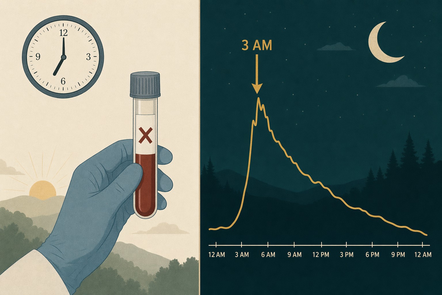 Split illustration. On the left, a gloved hand holds a blood-test vial with a burgundy X across it, below a clock reading 7 a.m. in morning light. On the right, a cortisol rhythm curve shows a dramatic peak at 3 a.m. under a moonlit night sky, labeled '3 AM' with an arrow pointing to the peak.