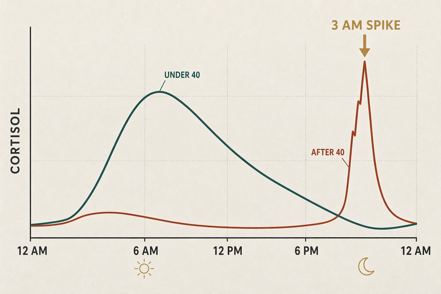 A 24-hour cortisol rhythm chart with two overlaid curves. A dark teal 'Under 40' curve peaks around 6 a.m. and tapers smoothly to a low at night. A burgundy 'After 40' curve is flat through the day and rises into a sharp '3 AM Spike' peak labeled with a gold arrow.