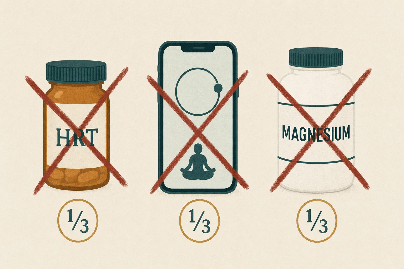 Three items arranged side by side, each with a burgundy X drawn across it: an amber prescription bottle labeled HRT, a smartphone showing a meditation app, and a white supplement bottle labeled MAGNESIUM. Below each item, a small gold circle reads '1/3'.