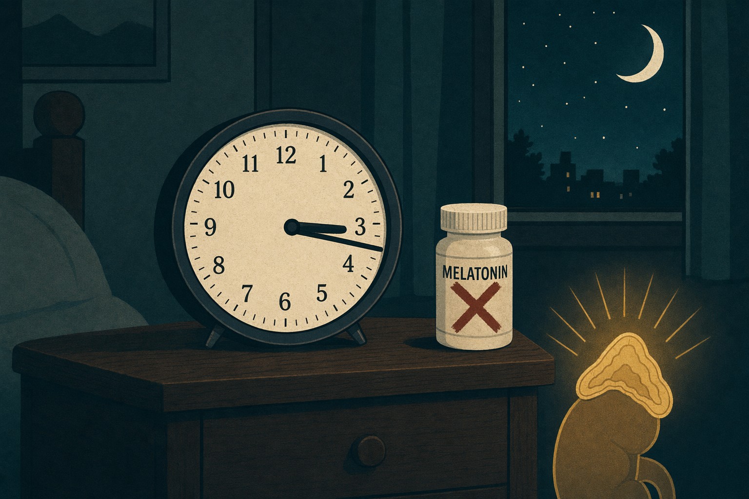 Dimly lit bedroom scene with an analog clock on a bedside table reading 3:17 a.m. A bottle of melatonin stands next to it with a burgundy X drawn across the label; in the lower right, a small gold adrenal gland icon glows.