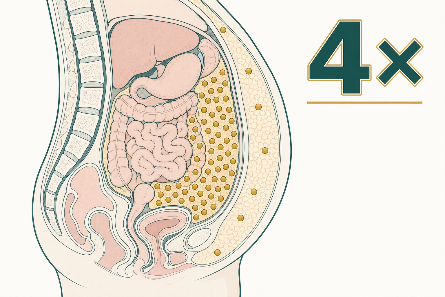 Cross-section anatomical illustration of the abdomen. The visceral fat area around the intestines is densely dotted with small gold cortisol-receptor markers, with a large '4×' label indicating the density is four times higher here than elsewhere in the body.